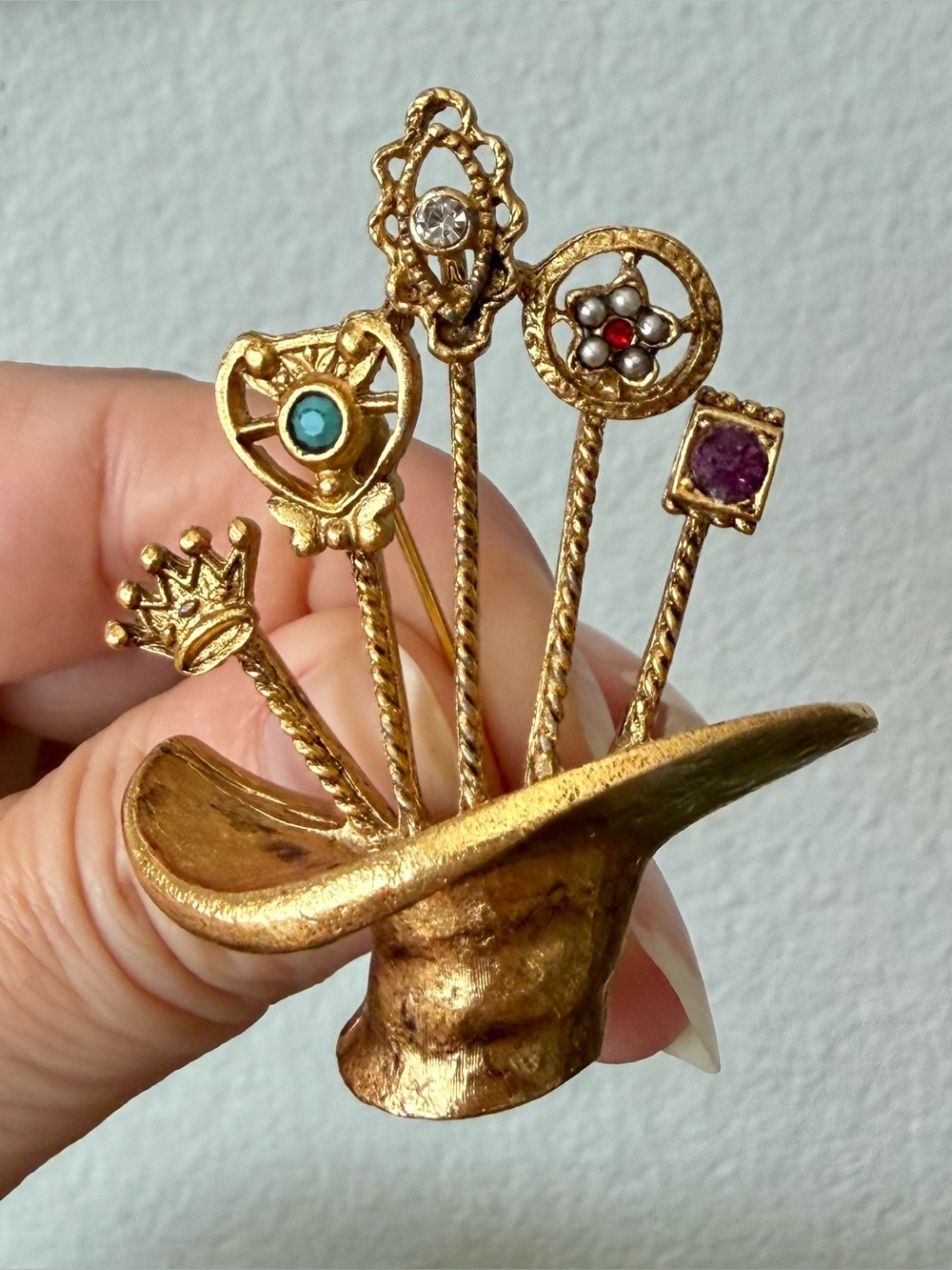 Vintage Goldette Gold-Tone Decorative Hat Pin Brooch Multicolor Accents